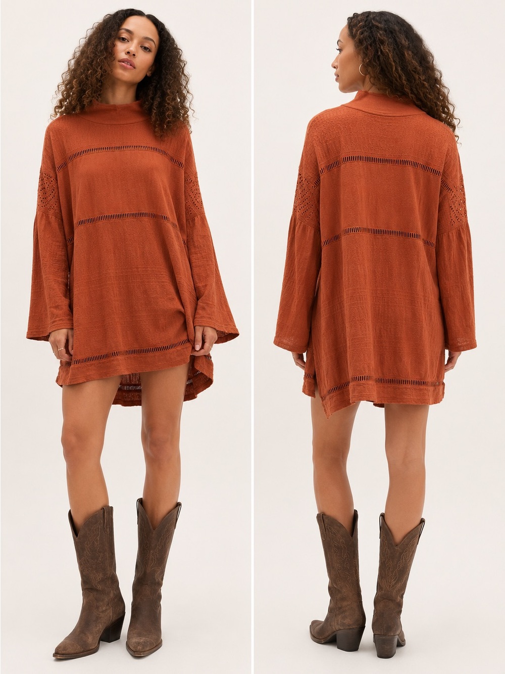 Free People Burnt Orange Textured Mock Neck Tunic Top M